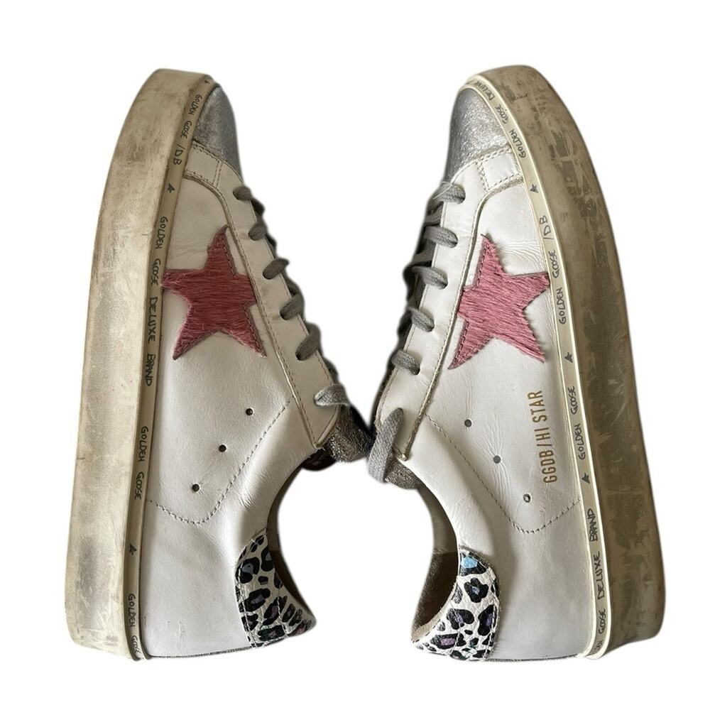 Golden Goose White Sneakers with Pink Star & Leopard Heel - Picture 5 of 10